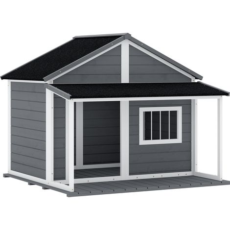 Niche extérieure pour chien avec terrasse, toiture bitumée en bois gris 124x112x105 cm (1/5)