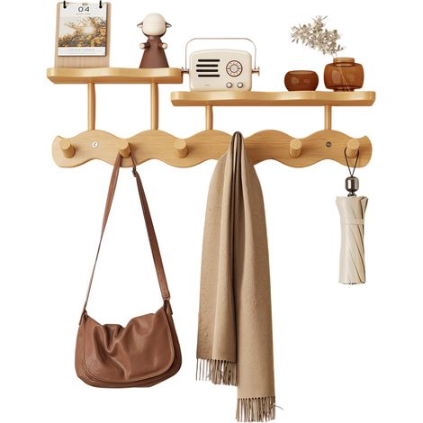 Porte-manteau en bambou avec étagère - 52 cm - Crochets muraux double couche - 6 crochets en bois robustes pour entrée, couloir, salle de bain et chambre à coucher - Cintre peu encombrant pour (1/5)