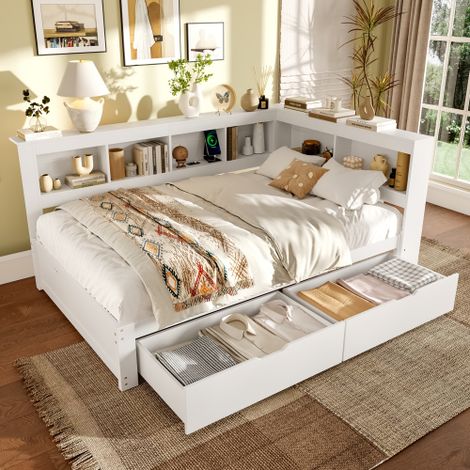 Lit au sol 140x200 cm, lit double avec 2 tiroirs, prise de courant, USB et rangement de chevet, en MDF, blanc, sans matelas (1/5)