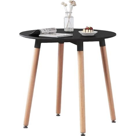 Single Round Dining Table, Solid Wood Legs and Plastic Top, Black (1/2)