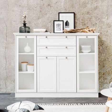 Credenza 160x120H cm con vetrina e cassetti colore bianca - Landwood (1/6)