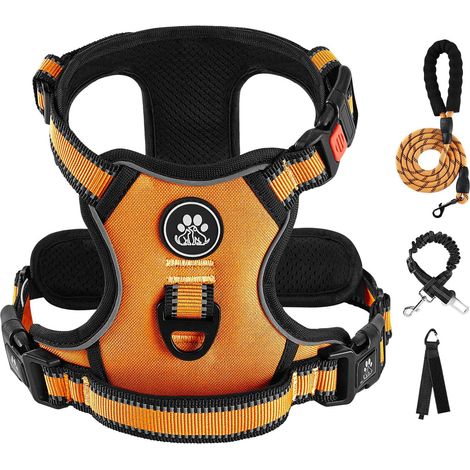 Harnais anti-traction IVY&LANE pour petits chiens,harnais-gilet avec laisse, ceinture de sécurité et sangle de rangement, entièrement réglable, bande réfléchissante à 360°, poignant souple (Orange, S) (1/5)