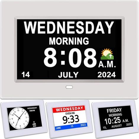 Sveglia digitale, orologio con calendario, visualizzazione dell'ora, giorno e mese (scritti per esteso), 7 pollici, bianco (1/5)
