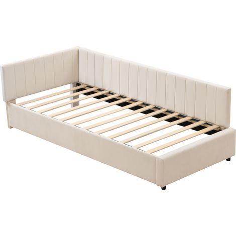 Cama sofá capitoné 90 x 200 cm en terciopelo beige con somier de láminas (1/5)