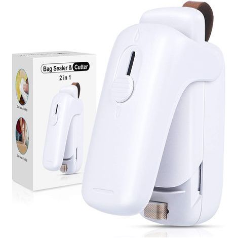 Scelleur, 2 en 1 Mini Scellant pour Sacs Bag Sealer Scelleuse De Sacs avec Cutter, Scelleur Thermique, Mini Scelleur Portatif, Scelleur de Sac pour Plastique (Batterie Incluse) (Blanc) (1/5)