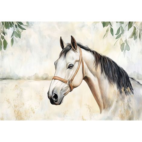 Papier peint panoramique cheval feuilles béton intissé 150x105 cm mural salon chambre petit format (1/5)