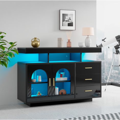 Buffet 120 cm LED, 3 tiroirs, noir brillant OKMYHOME (1/5)