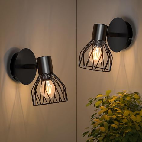 Applique Murale Interieur, E14 Lampe Murale Sans Fil, Lot de 2 Applique Murale Chambre Vintage, Lampe de Chevet Murale Orientable 350° , Spot Mural Noir pour Salon Escalier, non Ampoule (1/5)