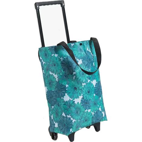 Chariot de courses pliable et portable en tissu Oxford avec roulettes et poignée extensible, idéal pour les voyages. Bleu marguerite. (1/5)