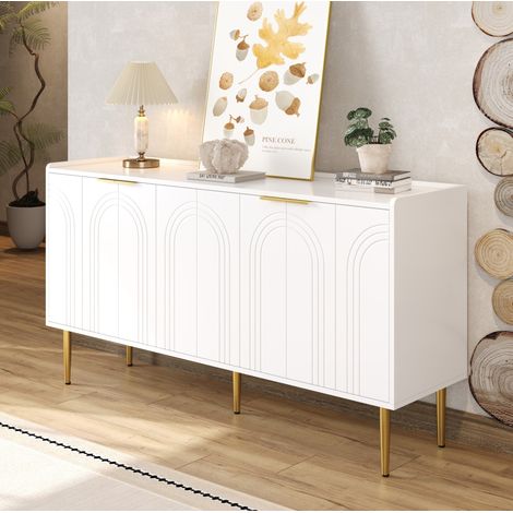 Aparador 140x38x75 cm blanco MDF con 4 puertas, estantes ajustables y patas metálicas doradas (1/5)