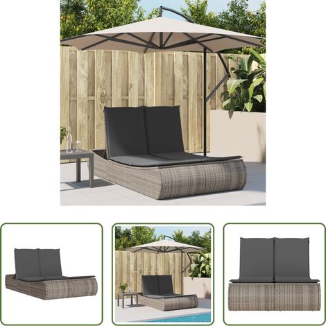 Sonnenliege - Doppel-Sonnenliege mit Kissen Grau Poly Rattan (1/5)