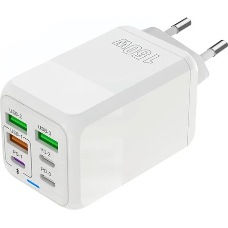 Chargeur USB C, 150W 6 Ports USB C Prise de Charge Rapide, Chargeur à 6 Ports (Port 3PD Type C + Port USB A 3QC), Compatible avec iPhone 11/12/13/14/15 series/XS/XR/8/iPad (1/5)