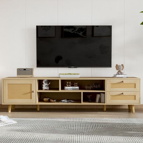 Armoire TV premium rotin bois 160 cm adaptée TV 70 pouces. Gestion de câbles,2 tiroirs et 1 porte pour salon.