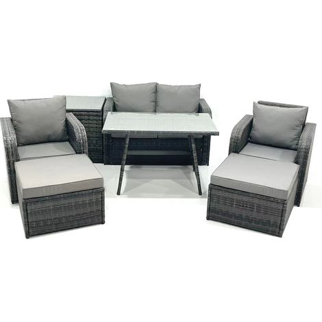 Fimous Gartenmöbel-Set Rattan Sofa Esstisch Set mit Liegestühle 2 hohen Hockern Beistelltisch Dunkelgrau Gemischt (1/5)