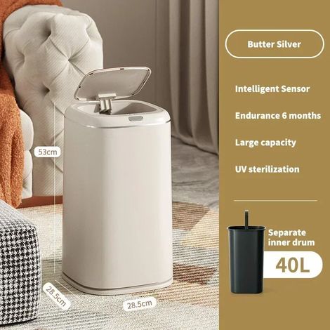 Poubelle de cuisine intelligente (40 L, blanc cassé) avec capteur, étanche, convient pour la salle de bain et le salon, avec couvercle. (1/3)