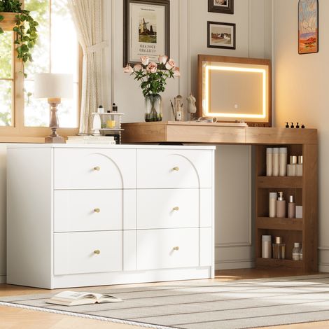 Toeletta girevole a L con specchio LED, 105 x 40 x 80 cm, 7 cassetti, bianco e legno DESVIAE (1/5)