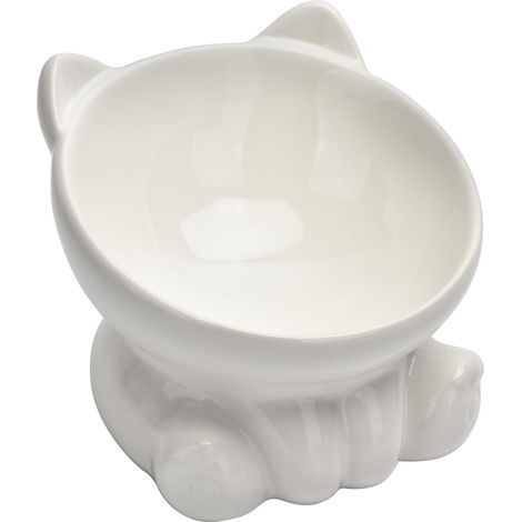 Gamelle surélevée en céramique inclinée anti-vomissement et protège la colonne vertébrale de l'animal de compagnie, gamelles pour chat et chiot, passe au micro-ondes et au lave-vaisselle (blanc) (1/2)