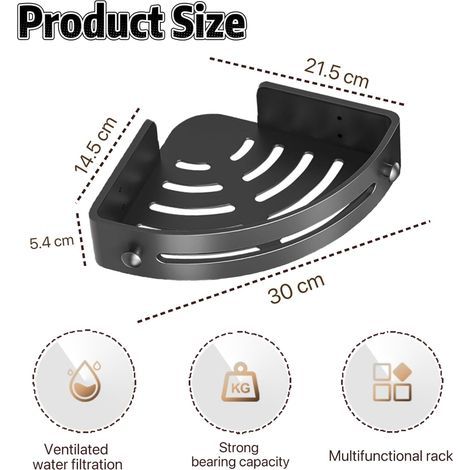 Corner Shower Shelf without Drilling, ABS Corner Shower Shelf with 2 Hooks, Bathroom Accessories, for Storage and Organization in the Bathroom and Kitchen, Matte Black (1/5)