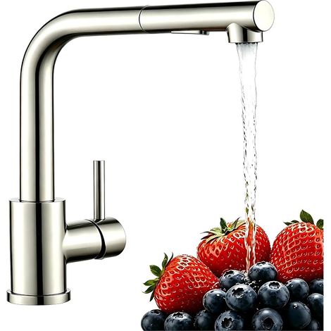 Robinet de cuisine , mitigeur extractible avec haute pression, mitigeur d’évier de cuisine avec douchette, 2 types de jets d’eau, mitigeur cuisine en acier inoxydable, pivotant à 360° (1/5)