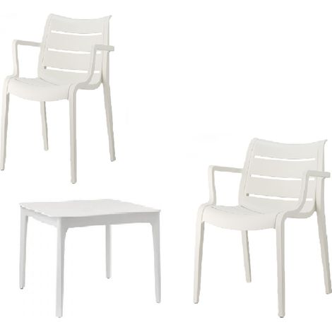 Set 3 Pezzi Giardino Terrazzo - 2 poltrone Sedie Sunset S-C-A-B bianco lino + Tavolo Basso Quadrato Arredo Esterno Interno Moderno Tecnopolimero Made in Italy (1/5)