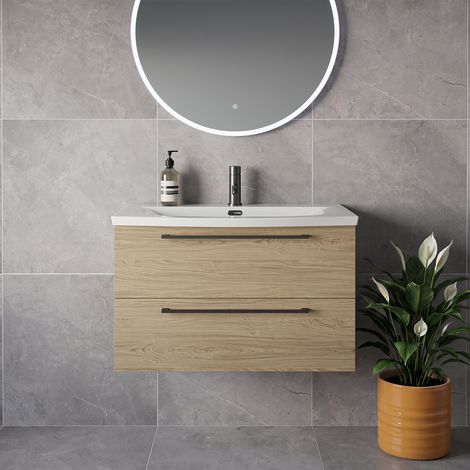 Napoli 390 Light Oak 800mm Wall Mounted 2 Drawer Vanity Unit with Arc Basin - 800mm - Gunmetal Grey 480mm Handle