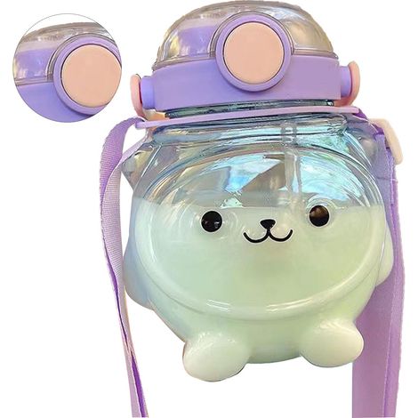 Gourde portable 1000 ml en forme d'ourson, avec paille et dragonne, idéale pour l'été (violet). (1/5)