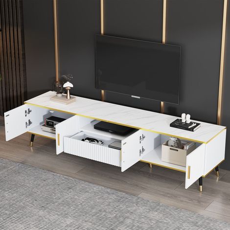 Meuble tv moderne 200x40x46 cm effet marbre avec 2 portes et 1 tiroir pour tv jusqu’à 90 pouces (1/5)