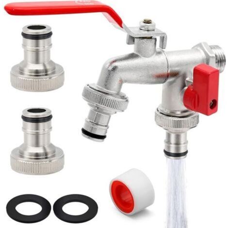 G6354 Premium Garden Faucet with Double Outlet 1/2" - 3/4" Brush, Brass, Silver (1/5)