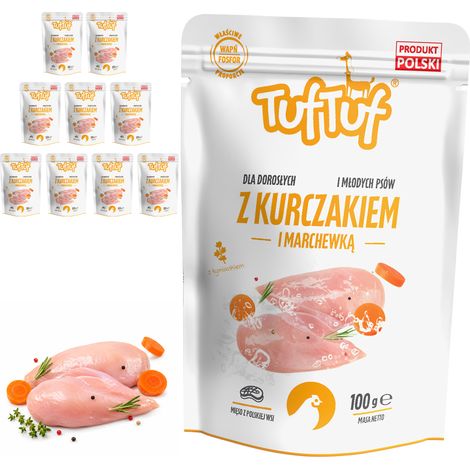 Cibo umido per cani TufTuf, pollo e carota, bustine da 10x100g, carne in scatola. (1/2)