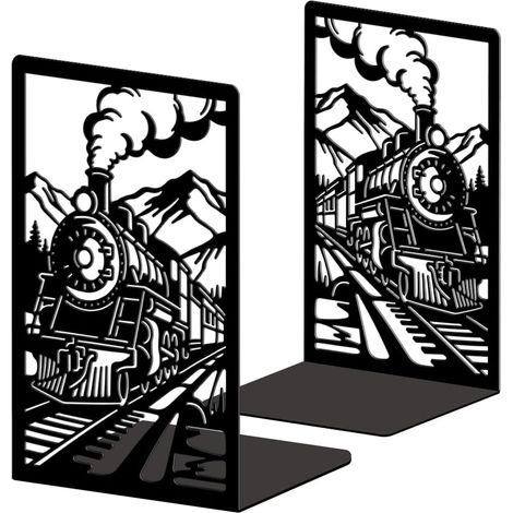 Lot de 2 Serre-Livres Métal Train à Vapeur avec Montagnes (1/5)
