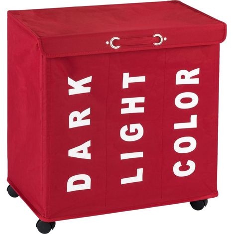 WENKO Wäschesammler Trivo, Wäschekorb mit Rollen und Deckel, 116 Ltr Stauraum, 3 Fächer, 56x60x35cm, Aufschriften Dark, Light, Color, Rot