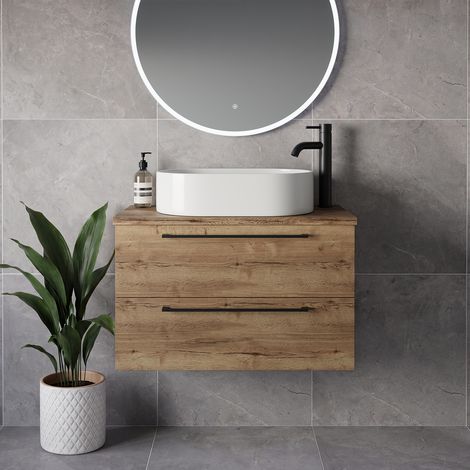 Napoli 390 Tobacco Oak 800mm Wall Mounted 2 Drawer Vanity Unit for Countertop Basins - 800mm - Matt Black 480mm Handle