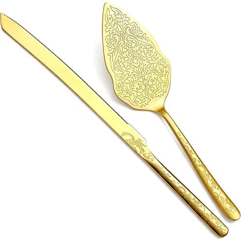 Ensemble de couteau et de serveur à gâteau de mariage en or, plaqué titane avec de service de coupe-gâteau à motif, l'anniversaire, les fêtes (1/5)