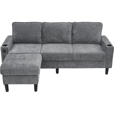 Sofá esquinero en L gris de lino con USB, Type-C, portavasos y puf (1/5)