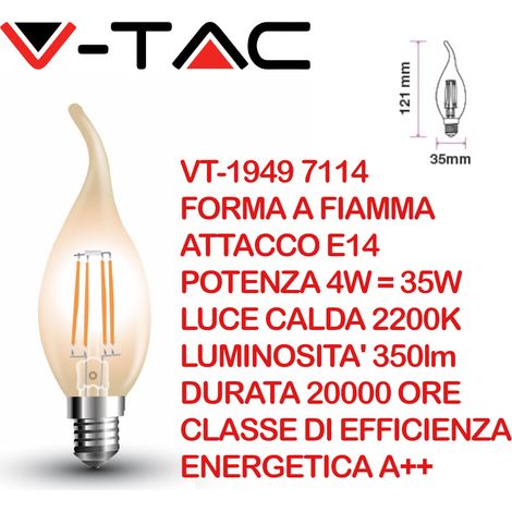 V-TAC VT-1949 7114 Lampadina LED E14 4W Candela a Fiamma a Filamento in Vetro Ambrato 2200K