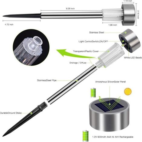 Lot de 12 lampes solaires de jardin étanches, sans fil, à LED blanc froid, pour allées et pelouses. Rechargeables automatiquement.