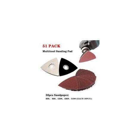 Juego de 51 accesorios para almohadillas de lijado multiherramienta para almohadillas de fijación triangulares universales de 80 mm, incluye 5 tipos de papel de lija.