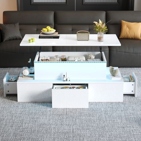 Mesa de centro elevable 100 x 50 x 40 cm con LED, 4 cajones y almacenaje oculto, blanca DESVIAE (1/5)