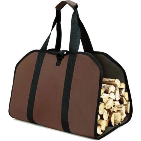 Sac de transport en toile (marron) pour le transport portable du bois de chauffage, adapté au camping et à l'utilisation dans une cheminée. (1/5)