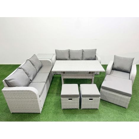 Fimous 10 Seater Poly Rattan Outdoor Garden Furniture Rectangular Dining Table Sofa Set Patio 3 Seater Sofa Reclining Chair 3 Seater Sofa 3 Stools Side Table Light Grey (1/4)