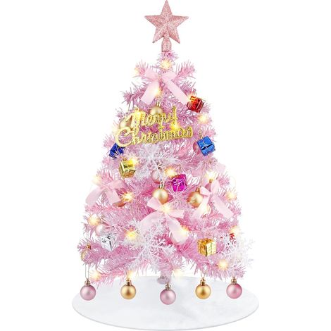 Mini-Weihnachtsbaum mit Lichtern, 60 cm, künstlicher LED-Weihnachtsbaum mit Lichterkette und Ornamenten, kleiner Weihnachtsbaum, Weihnachtsdekoration für den Innentisch, Rosa (1/4)