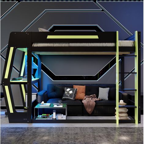 Letto a soppalco 120x200 cm in legno nero e verde con scrivania LED - MEUBLIV (1/5)