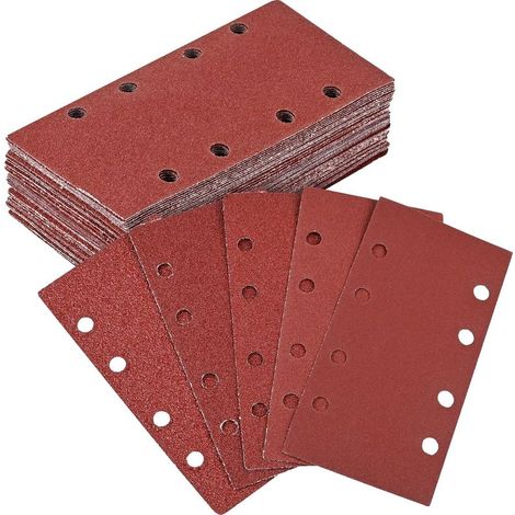 GDHZS- 50 Pièces Disques Abrasifs 93 x 185mm, 8 Trous, 10x Grain 40/60/80/120/240, Papier Poncage pour Ponceuses Rectangulaires, Ponçage Optimal (Rot(P40/P60/P80/P120/P240)) (1/4)