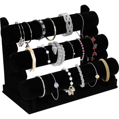 Supporto per gioielli a 3 livelli in velluto Porta bracciali e orologi per bracciali e collane Facile da trasportare e montaggio senza attrezzi (nero) (1/5)