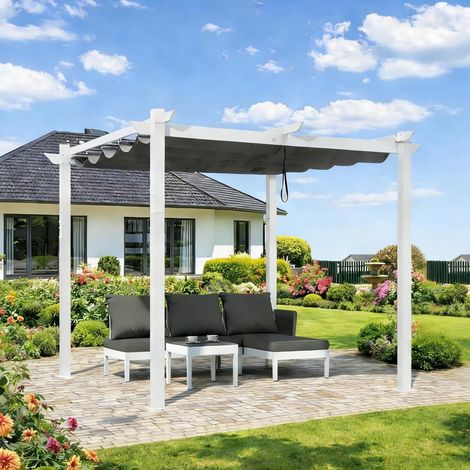 PURPLE LEAF Pergola Jardin Extérieure Rétractable en Aluminium, Cadre Blanc, avec Double Auvent Pare-soleil, 3 x 3 m, Gris