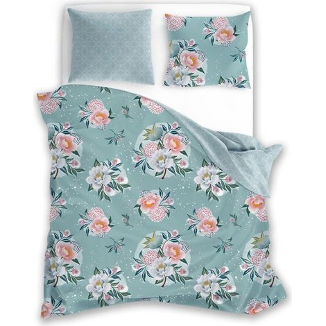 Linge de lit en coton 220x200 cm, motif floral turquoise