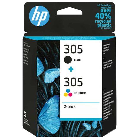 HP 305 6ZD17AE 301 2 Pack Tri Color Black Original Ink Cartridge Cartuccia d'Inchiostro 2 pz Originale Resa Standard Nero Ciano Magenta Giallo