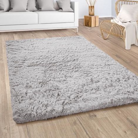 Paco Home Shaggy Tapis De Salon Poils Longs Fausse Fourrure Fourrure Moelleux Argenté Gris 140x200 cm (1/4)