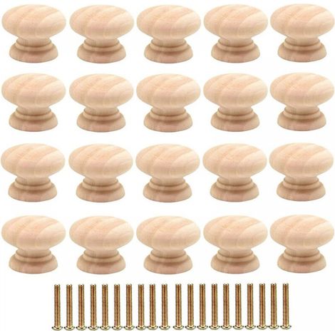20pcs Poignée de tiroir ronde Poignée de meuble en bois de 35 mm, table de chevet d'armoire à tiroir de style simple, petite poignée à trou unique pour porte d'armoire avec vis (1/4)