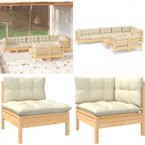 9-tlg. Garten-Lounge-Set mit Creme Kissen Massivholz Kiefer - Gartenmöbeln - Lounge Set - Gartenmöbel Set - Kiefernholz - Outdoor Möbel - Home & Living